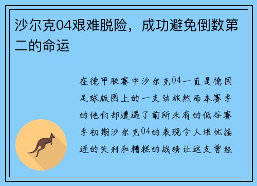 沙尔克04艰难脱险，成功避免倒数第二的命运